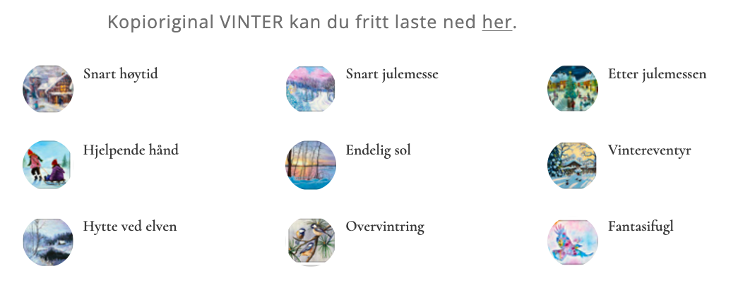 Det finnes 20 kopioriginaler med ulike oppgaver til hvert eneste bilde. Disse kan fritt lastes ned og brukes i undervisning.